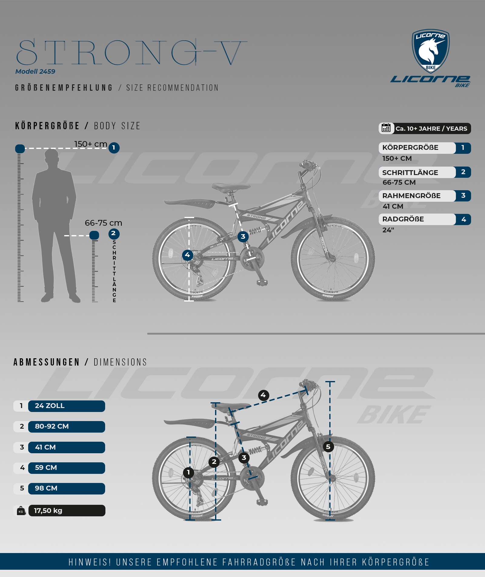 Licorne Bike Strong V Premium Mountainbike in 24 und 26 Zoll - Fahrrad für Jungen, Mädchen, Damen und Herren - Shimano 21 Gang-Schaltung - Vollfederung