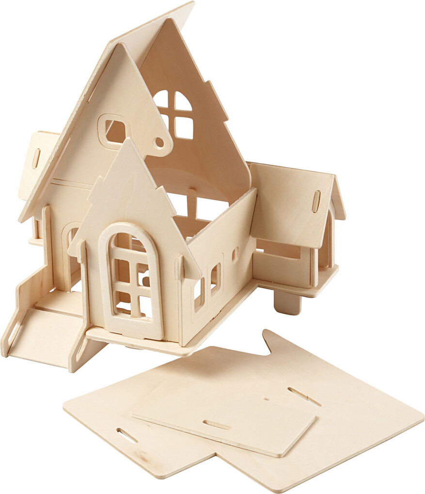 3D Træ Puslespil - Hus Med Kørerampe - 22,5X17,5X20,5 CM