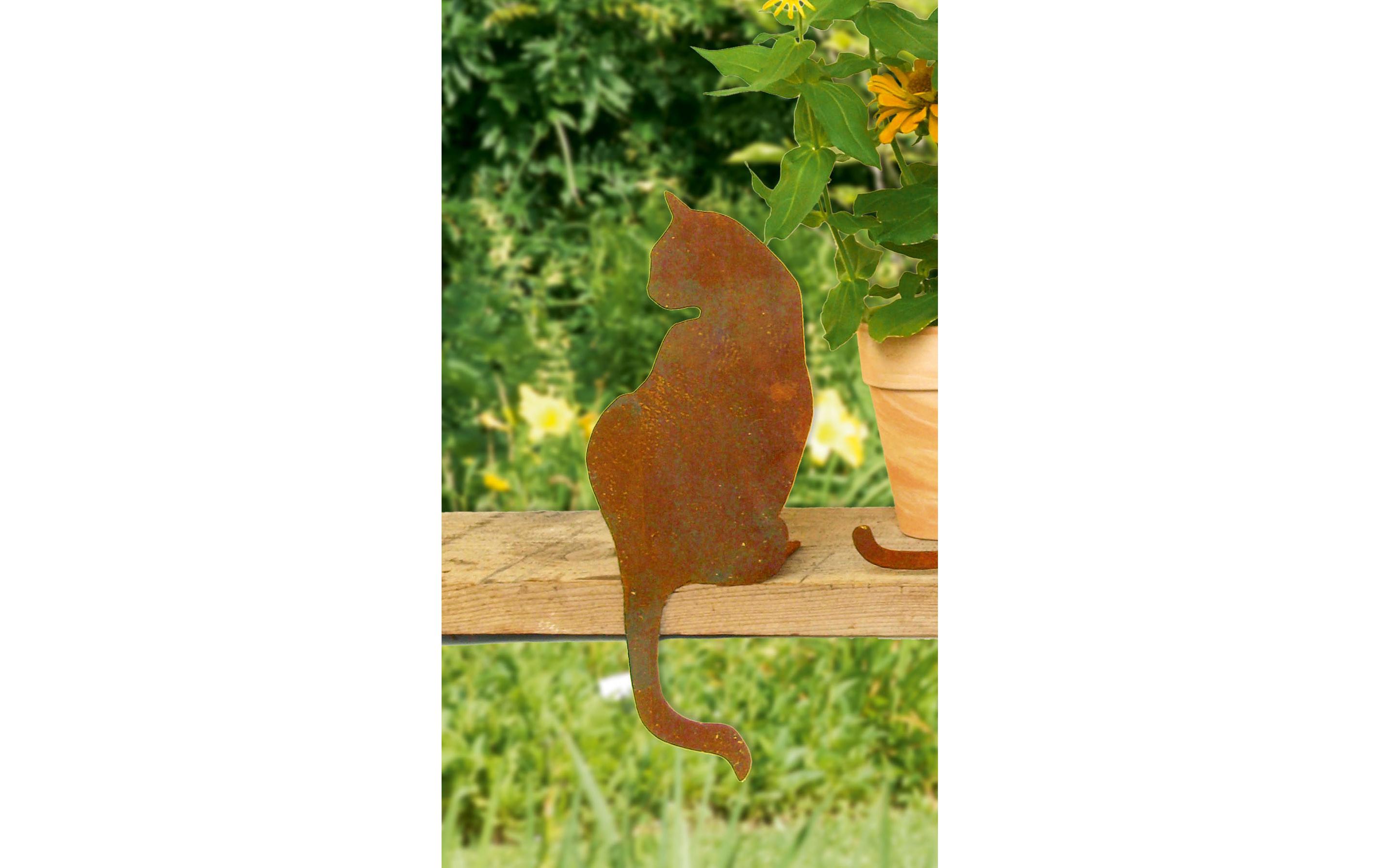 Dekofigur Katze auf Platte, von hintenGartendeko aus Rost
