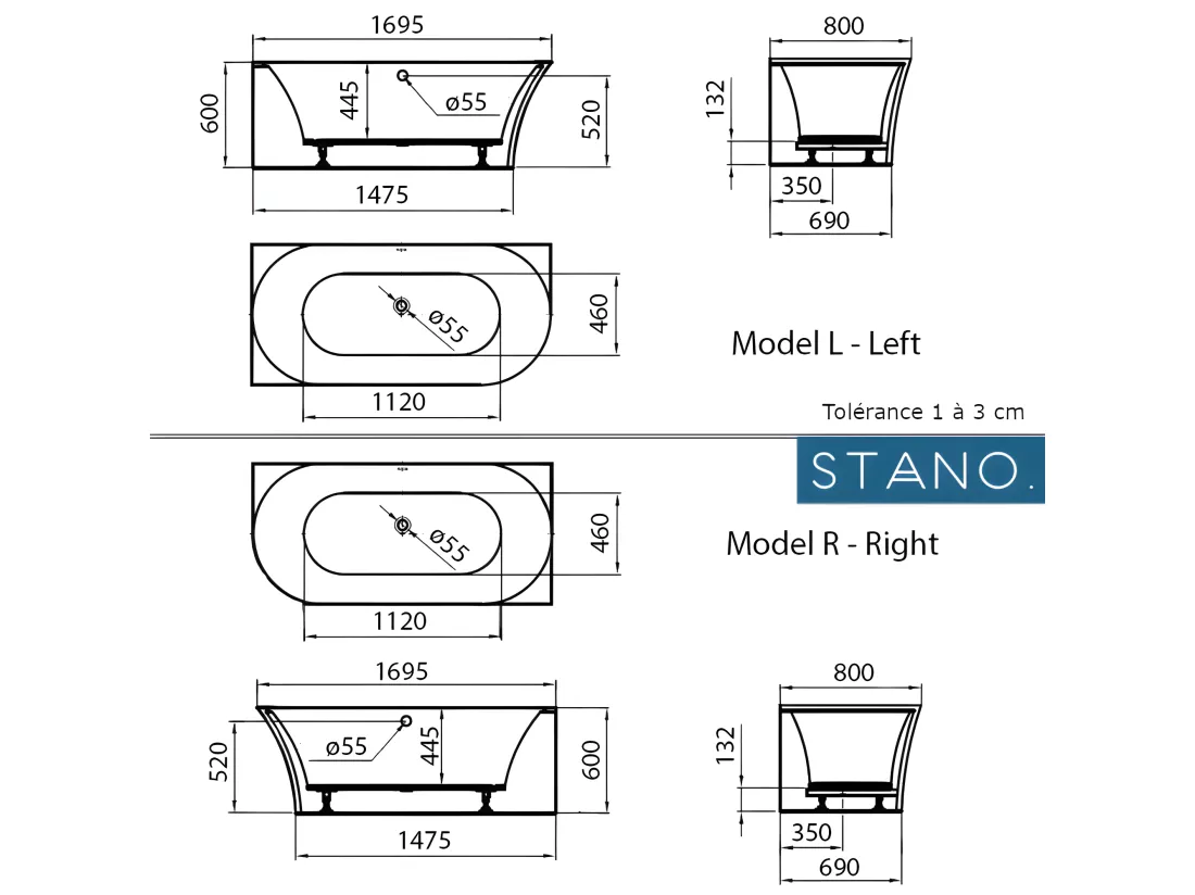 Baignoire design ovale semi-îlot ELIZABETH blanche 170 cm Angle à gauche