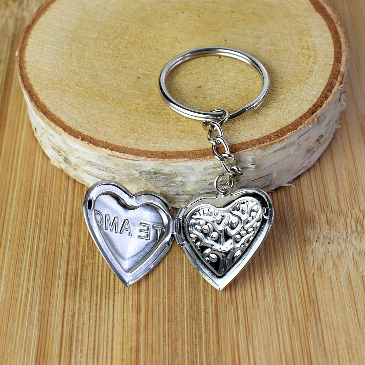 Porte-clés médaillon photo coeur arbre de vie te amo acier