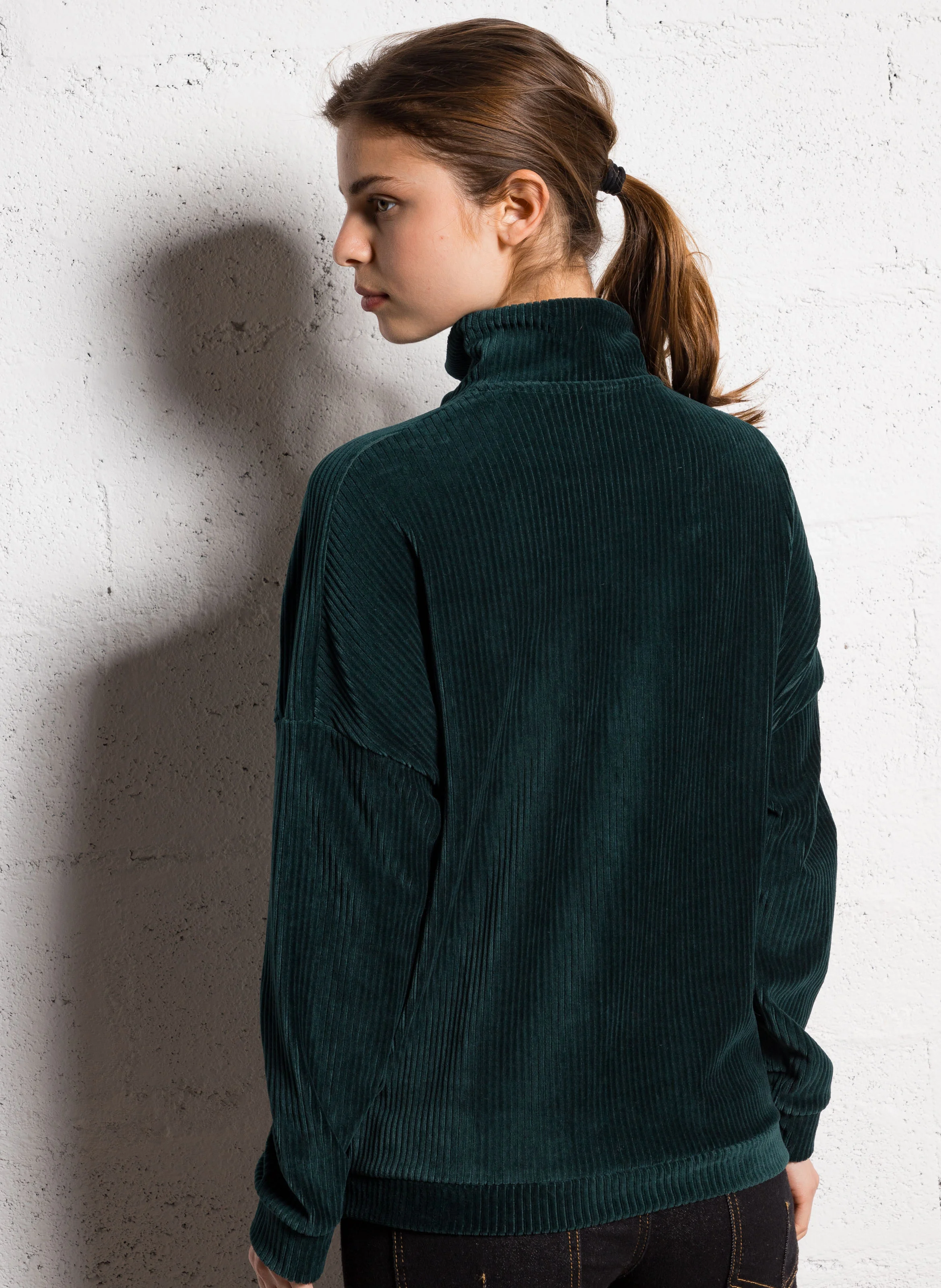 Sweat col montant boutonné en coton mélangé| Vert