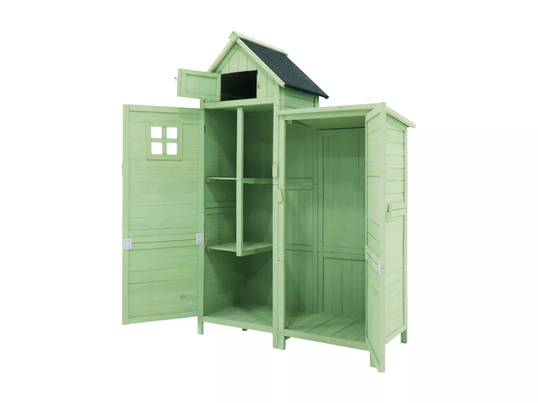 Abri de jardin en bois massif avec toit pente en PVC - 2 étagères 3 portes loquets - L118 x P54 x H173 cm - Vert