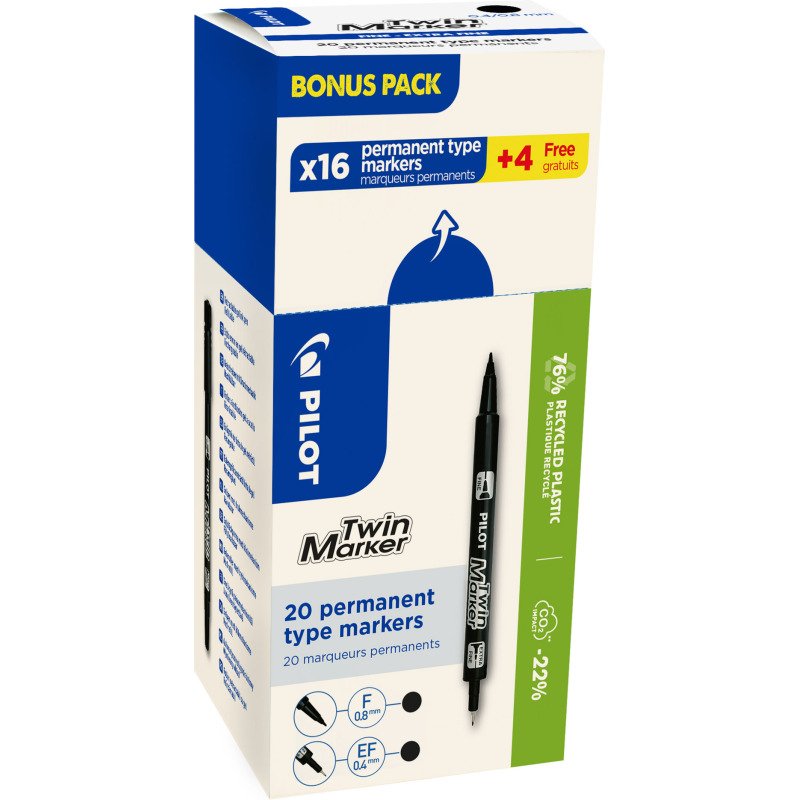 Pack de 16 marqueurs permanents Twin pointe fine/extrafine Pilot + 4 offerts