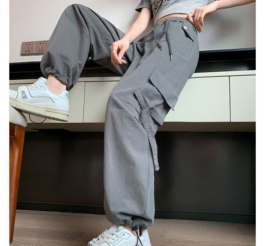 Supernova - Hoge taille, effen, baggy cargobroek met trekkoord