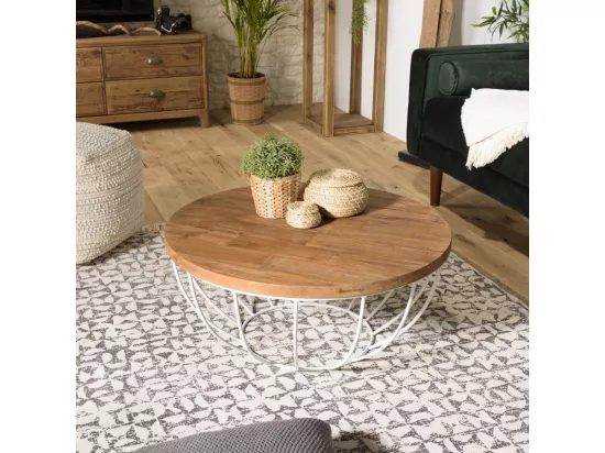 ALIDA - Table basse coque ronde 80x80cm plateau teck recyclé piétement métal blanc