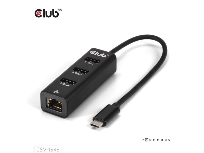 Club 3D USB-Hub CSV-1549 USB Typ-C 3.0 auf 3 Port USB Typ-A Hub mit Gigabit Ethernet