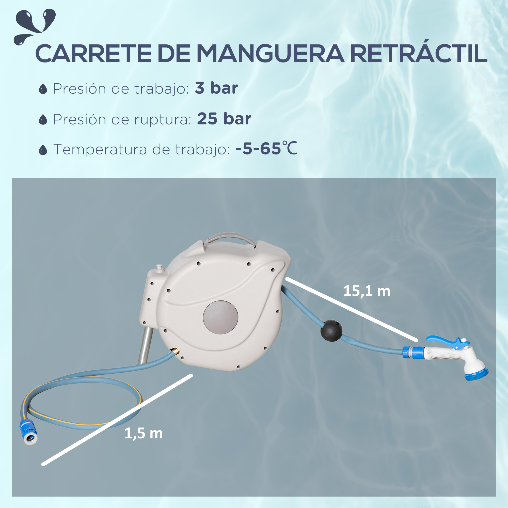 Carretel de Mangueira de Jardim Outsunny 15,1 m + 1,5 m para Irrigação com 10 Modos de Jato, Enrolador Automático de Parede, Rotação de 180°, 42,5 x 20 x 38 cm, Cinza