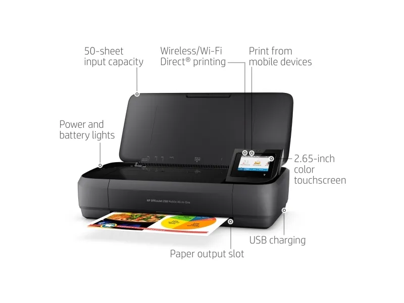 HP Officejet 250 Mobile All-in-One - Multifunktionsprinter - farve - blækprinter - Legal (216 x 356 mm) (original) - A4/Legal (medie) - op til 8 spm (kopiering) - op til 10 spm (udskriver) - 50 ark - USB 2.0, USB vært, Wi-Fi