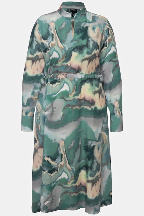 Lyocell-Midikleid, Marmor-Design, Stehkragen, Langarm