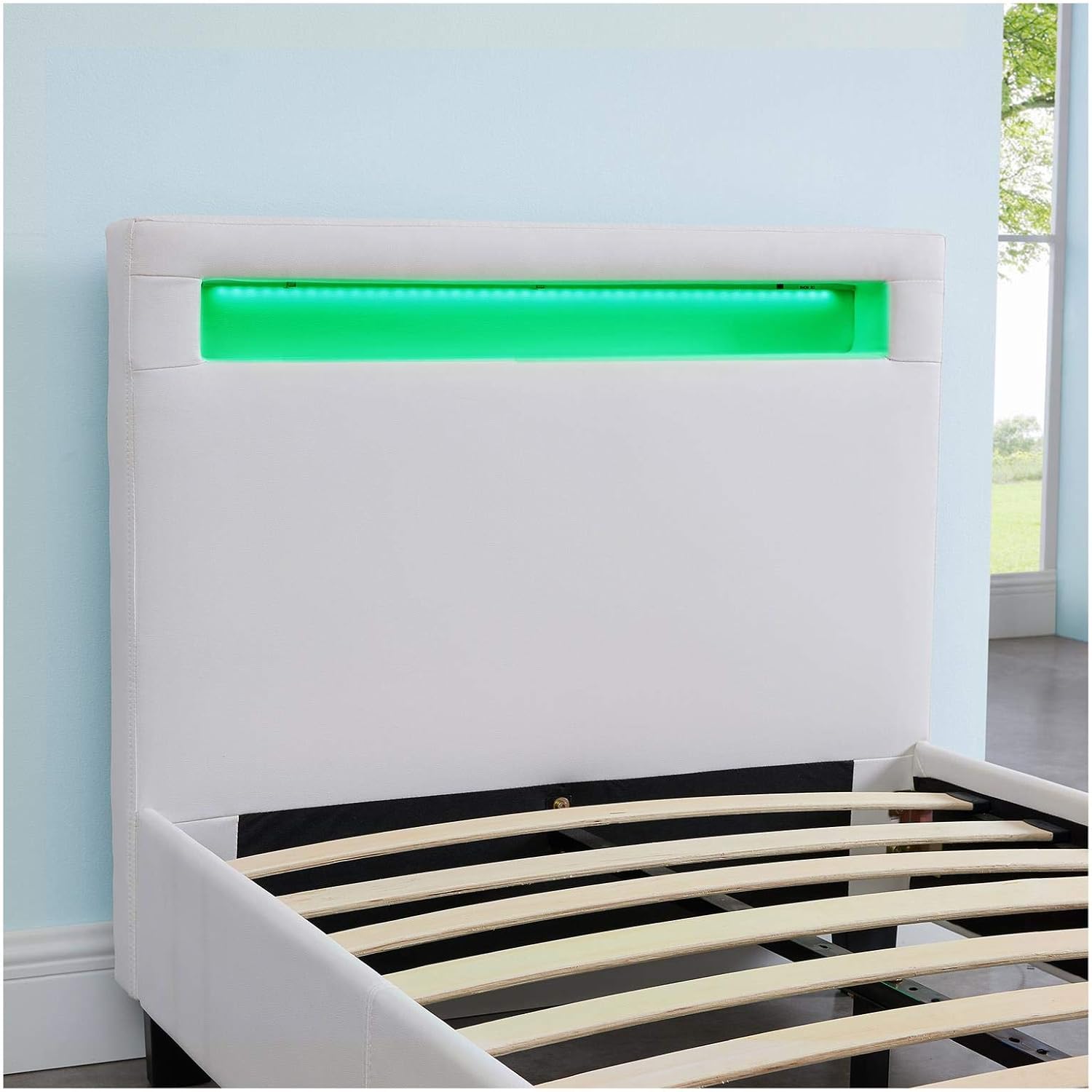 CARO-Möbel Polsterbett Mandalay mit LED Beleuchtung Einzelbett Lederbett 90 x 200 cm mit Lattenrahmen, Lederimitat in weiß