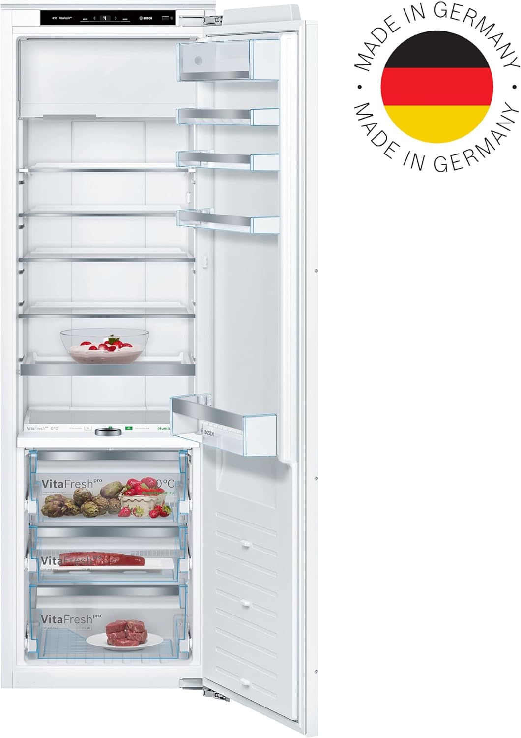 Bosch KIF82PFE0, Serie 8, Einbau-Kühlschrank mit Gefrierfach, 177,5 x 56 cm Nische, 254 L Kühlen & 15 L Gefrieren, Made in Germany, 3x längere Frische, Ablagen aus Sicherheitsglas, schnellere Kühlung