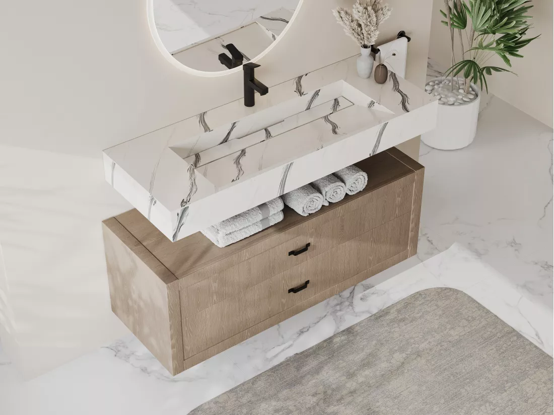 Vasque suspendue en solid surface effet marbre blanc - TAKOTNA - L120.2 x l45.2 x H8 cm