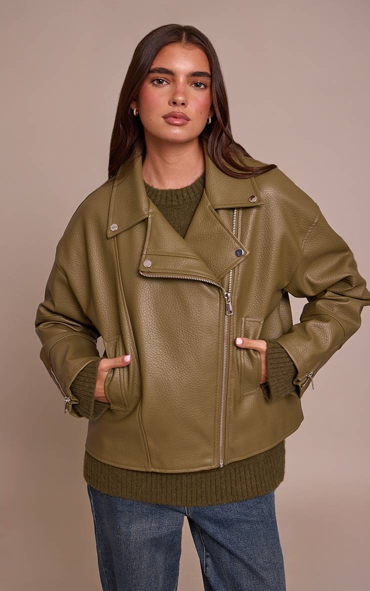 Vert Olive Veste De Motard Oversize En Synthétique