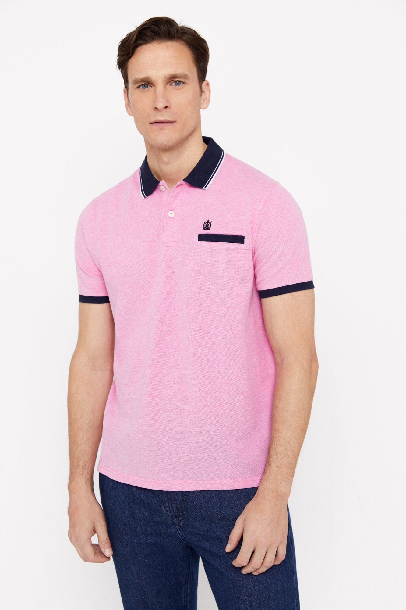 Camisa polo Oxford com gola contrastante - Rosa