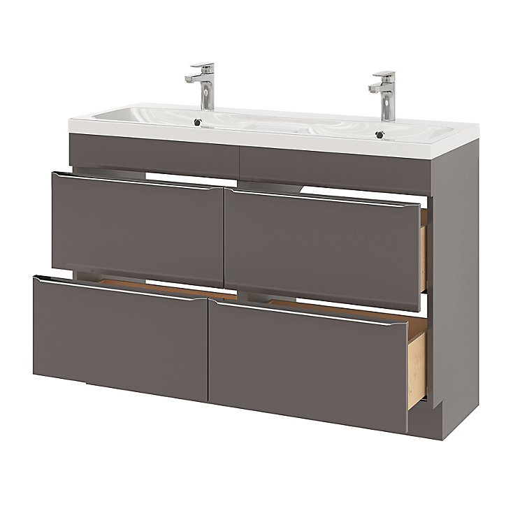 Ensemble salle de bains l.120 cm meuble à poser Imandra gris taupe brillant + plan double vasque résine blanc