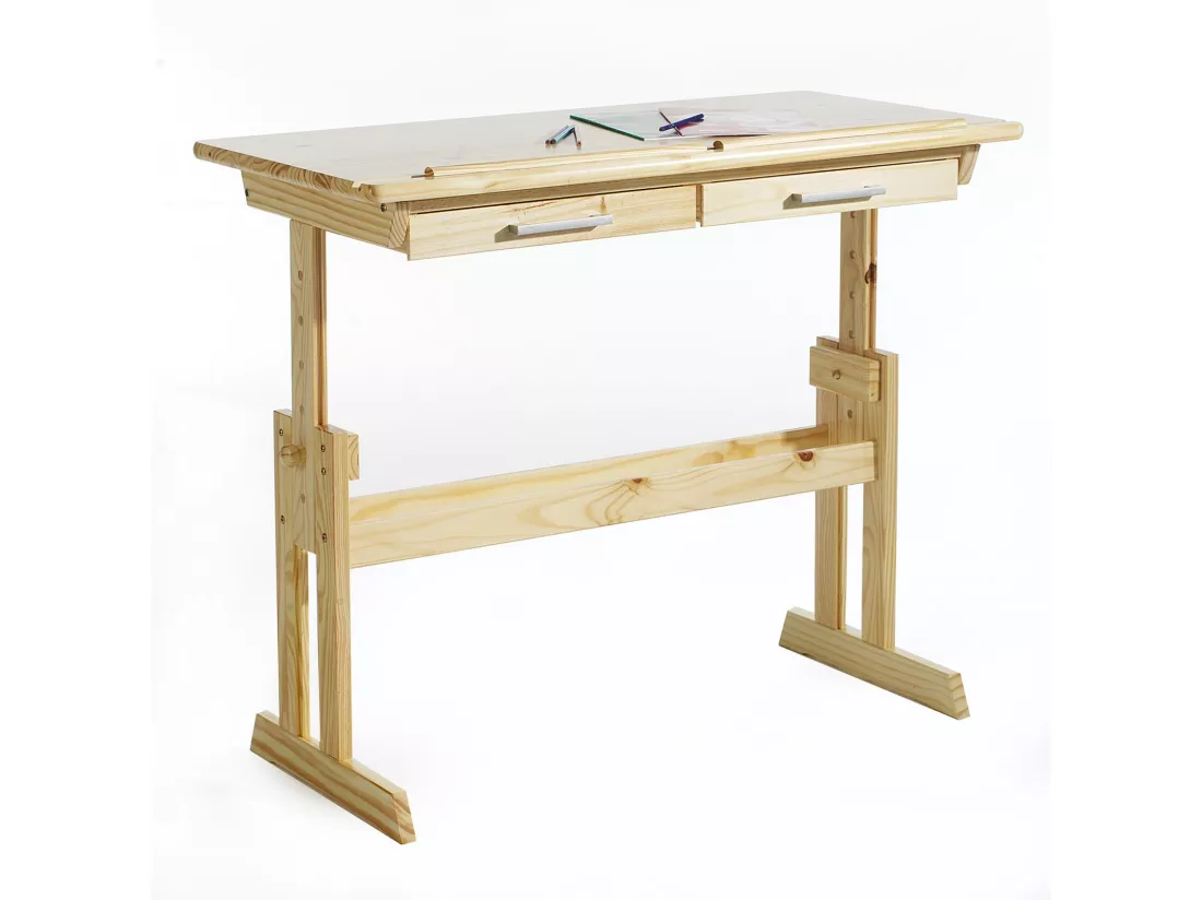 Bureau enfant écolier junior OLIVIA table à dessin réglable en hauteur et pupitre inclinable avec 2 tiroirs en pin massif naturel
