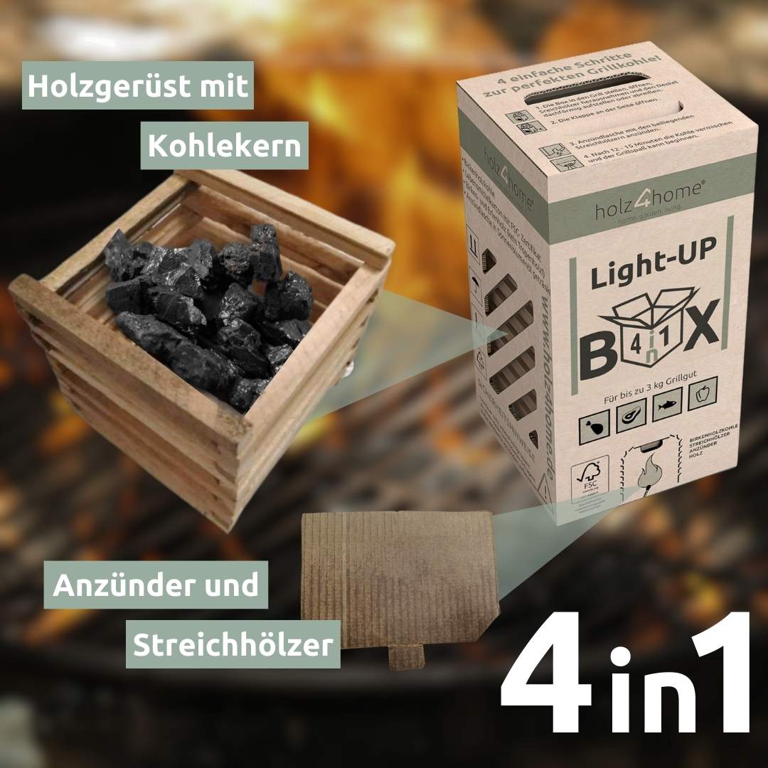 holz4home® Light-UP-Box 4in1 Grillbox Grillkohle Grillholzkohle | 6x LightUP Box