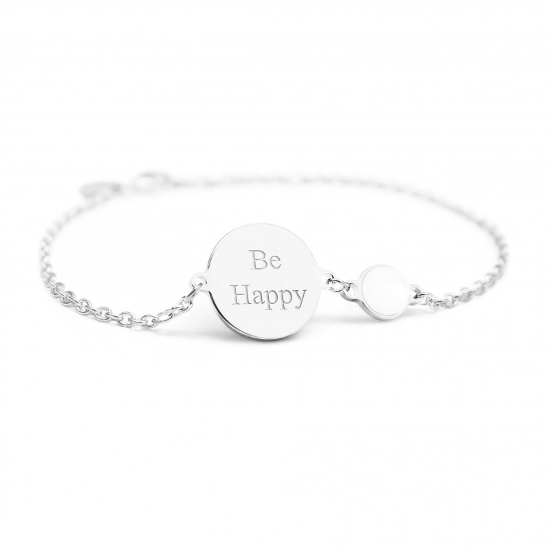Bracelet chaine médaille et nacre blanche argent 925 femme - gravure BE HAPPY