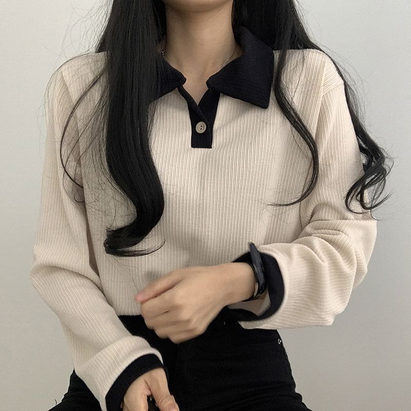 BrickBlack - Gebreid poloshirt met lange mouwen en contrasterende kraag