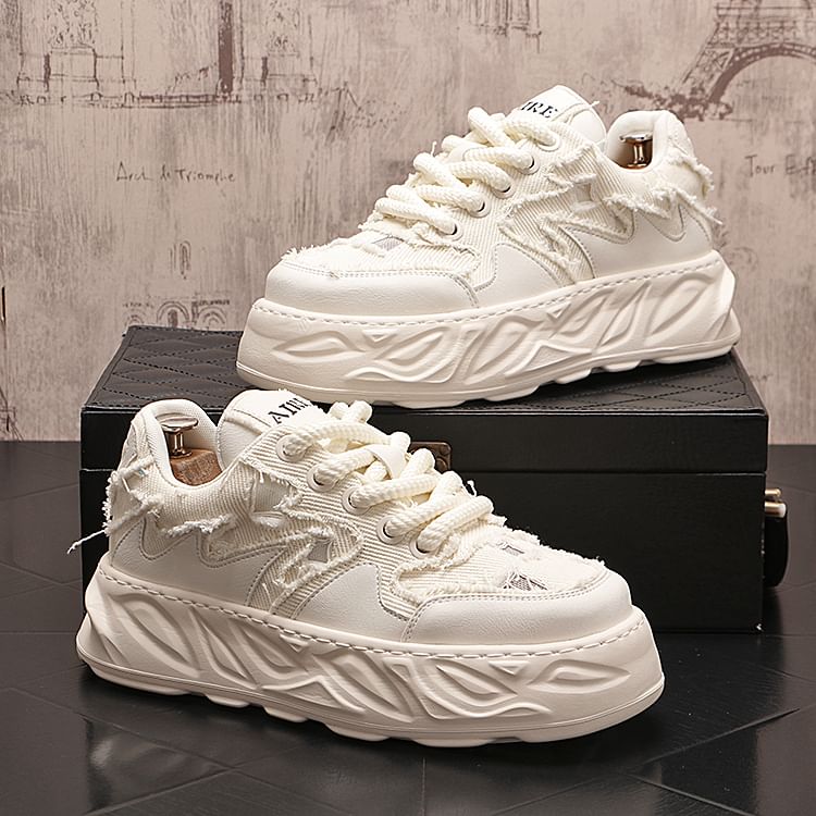 Mr Ozera - Patchwork Distressed Lace-Up Platform Sneakers