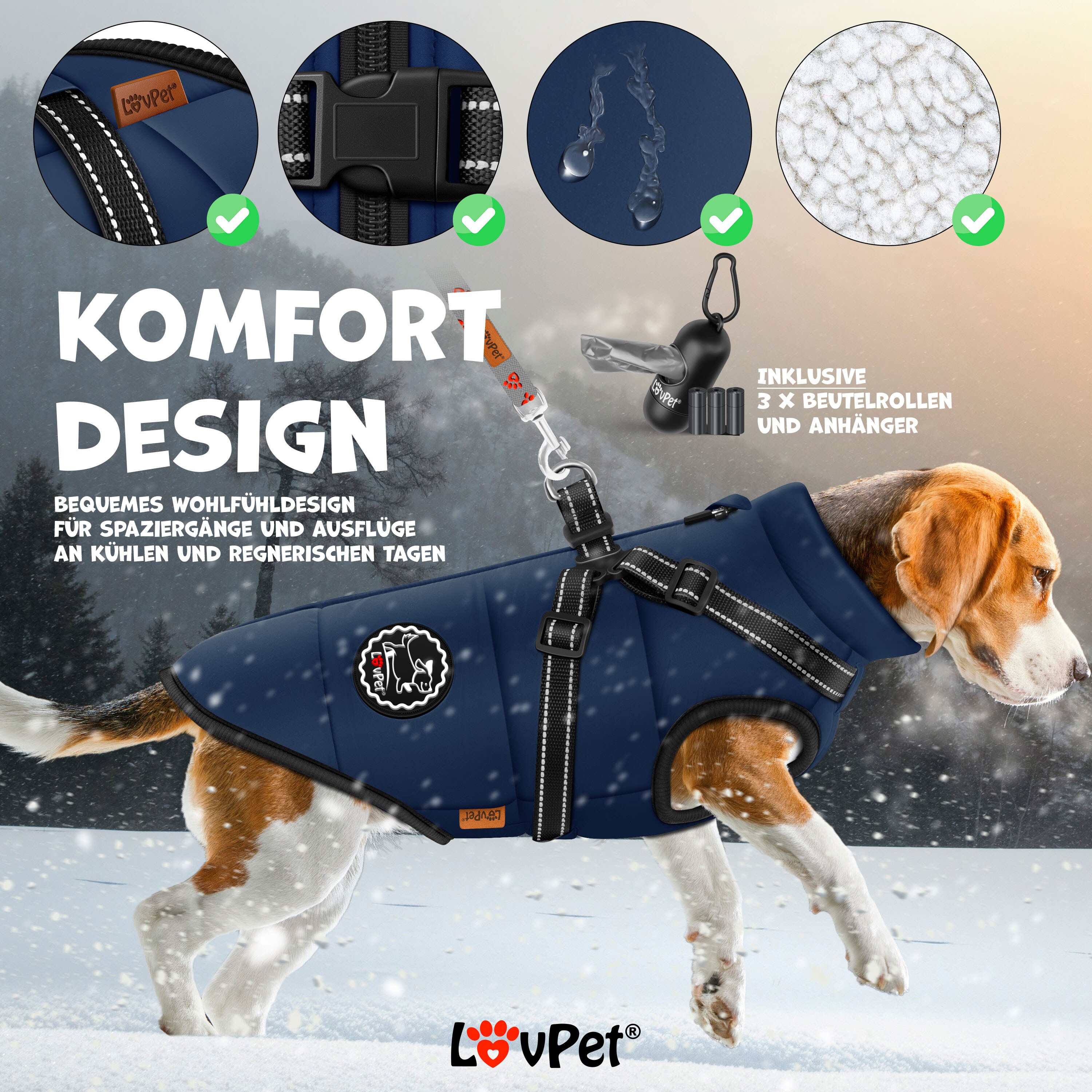LOVPET® Hundejacke Hundemantel mit Geschirr, inkl. 45 Stück Kotbeutel + Spender, Hunde Winterweste gefüttert wasserdicht, Gepolsterte Weste Mit Brustgurt, Reflektoren, D-Ring