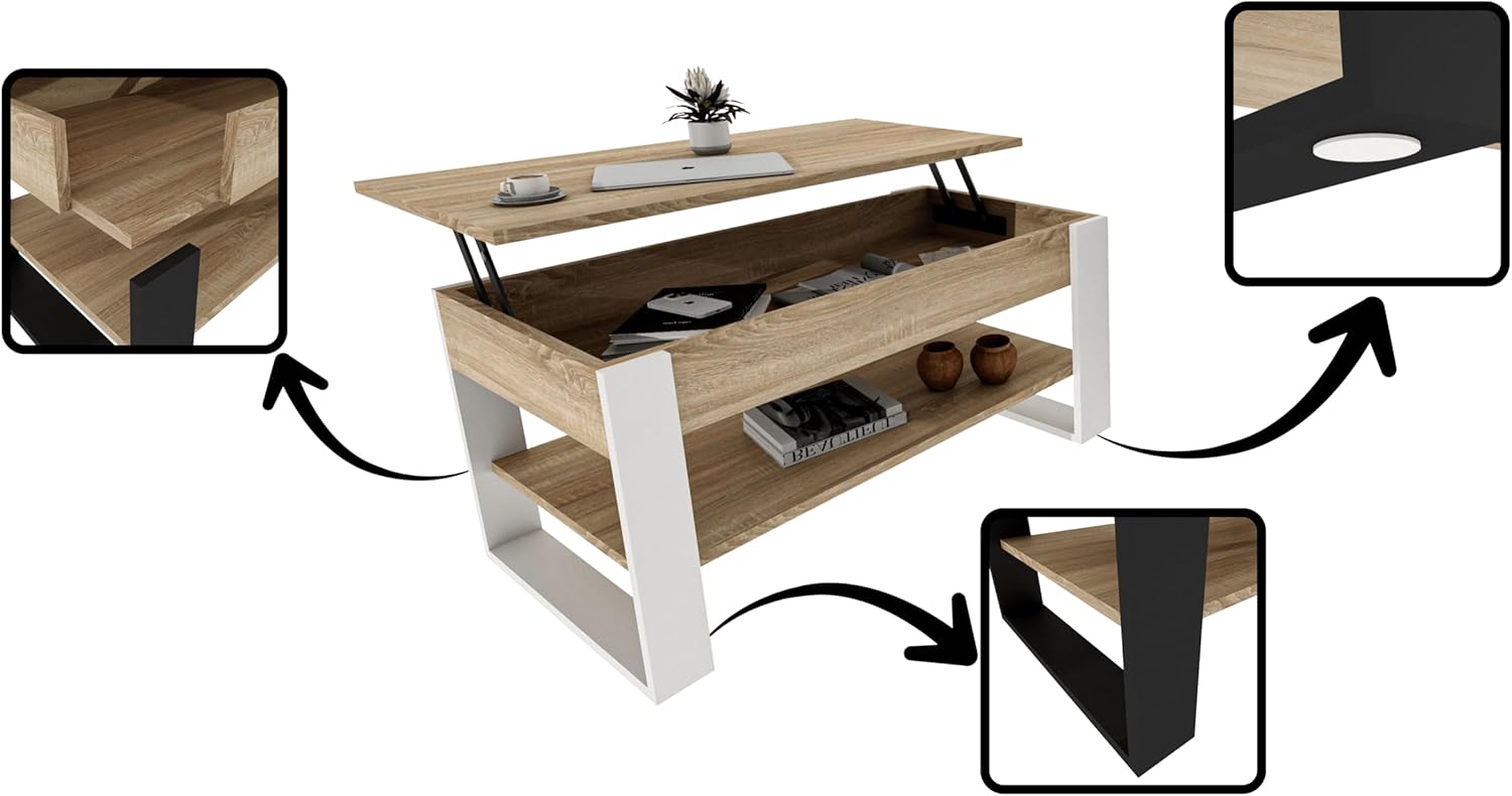 Couchtisch mit anhebbarer Platte | Höhenverstellbarer Wohnzimmertisch mit Stauraum | Sofatisch Eiche Sonoma Weiß modern mit Ablage & verstecktem Fach – Coffee Table für Wohnzimmer & Büro