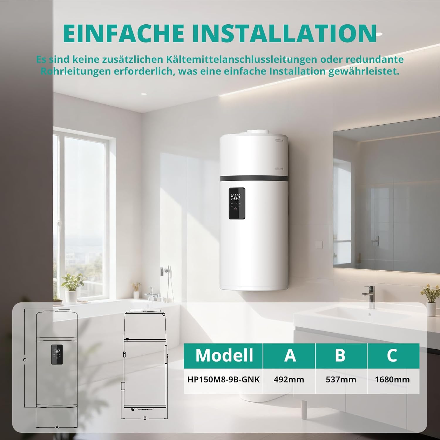 Wärmepumpen 149 L Wandmontage – R290 Luft-Wasser-Wärmepumpe, Effizienz für Wohnungen, Kleine Haushalte & Gewerbe, Einfache Installation & Leise 50 dB, Schnelle Aufheizung auf 75°C, WiFi