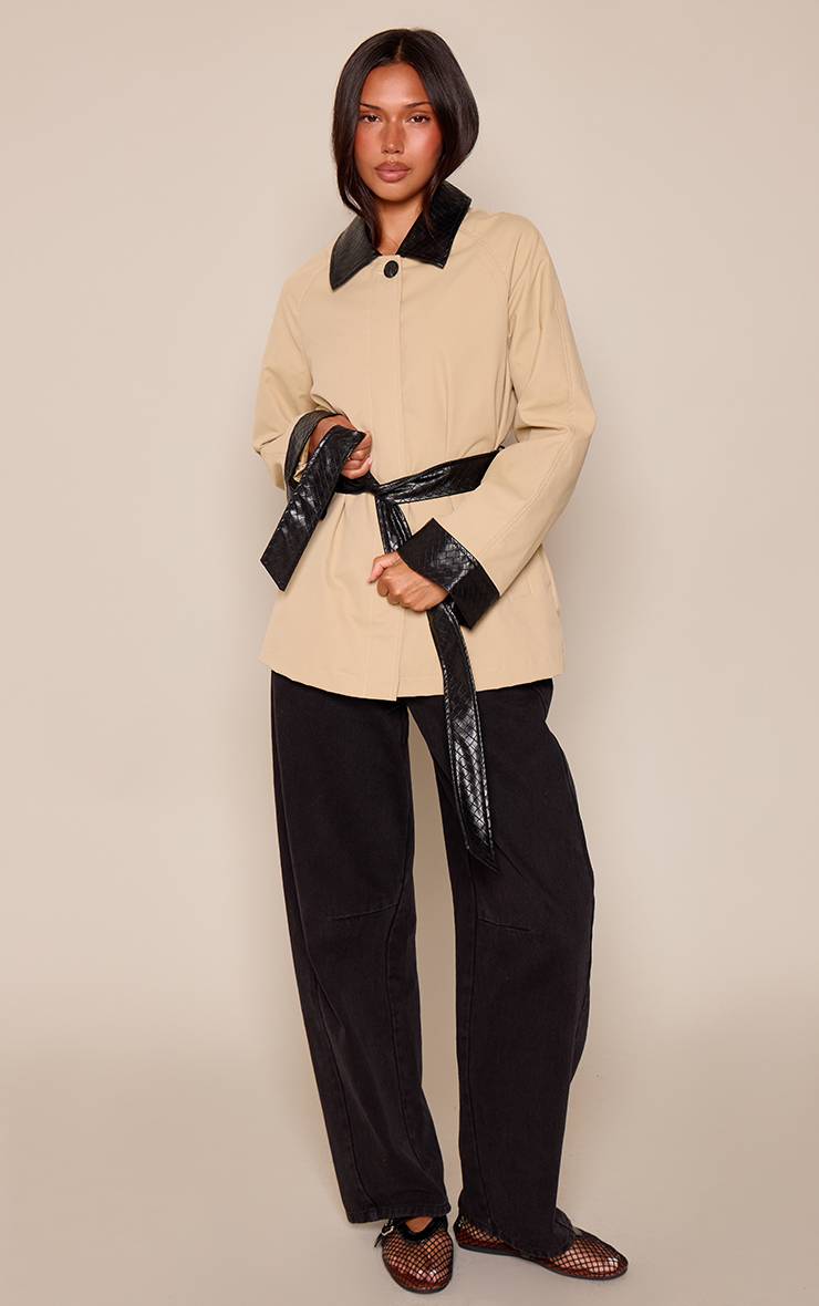 Beige Trench-coat Ceinturé À Col Matelassé