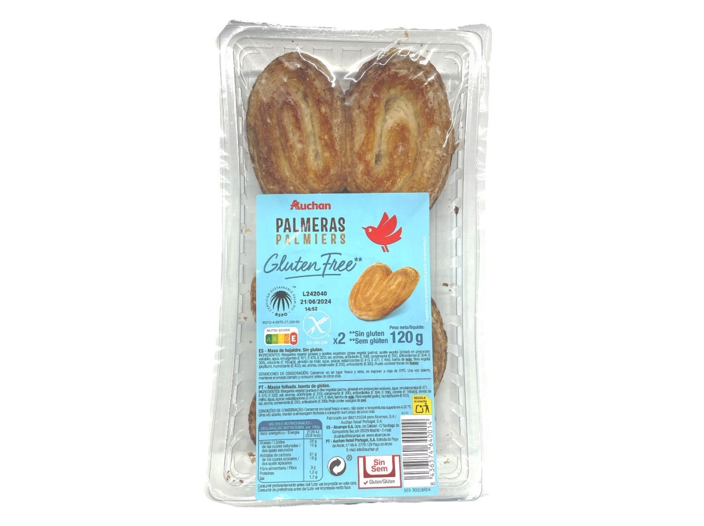 PALMIERS AUCHAN SEM GLÚTEN 120G