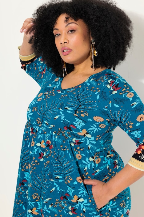 Jerseykleid, Blüten, A-Linie, V-Ausschnitt, 3/4-Arm