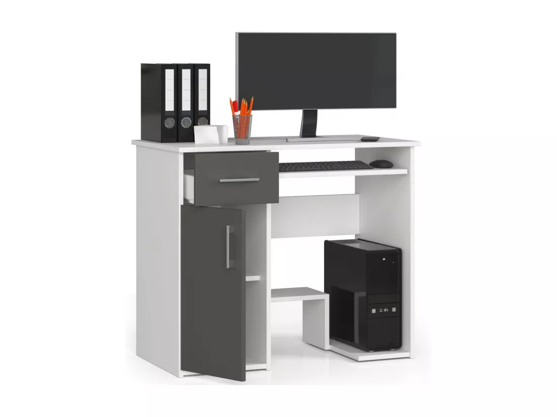 Bureau d'ordinateur AKORD JAY Blanc 90 cm 1 porte 1 tiroir façade Gris Graphite 3 étagères 90x50x74 cm