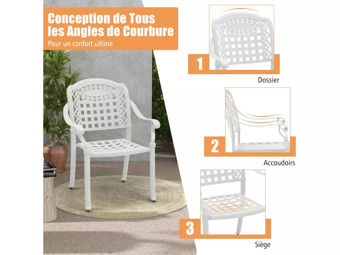 Ensemble de 2 Chaises de Terrasse en Aluminium Coulé, Chaises de Salle à Manger Extérieures avec Accoudoirs, Chaises Empilables pour Jardin, Cour (en Damier, Blanc)