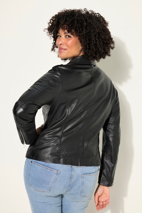 Leder-Bikerjacke, Kragen mit Druckknöpfen, Metallzipper