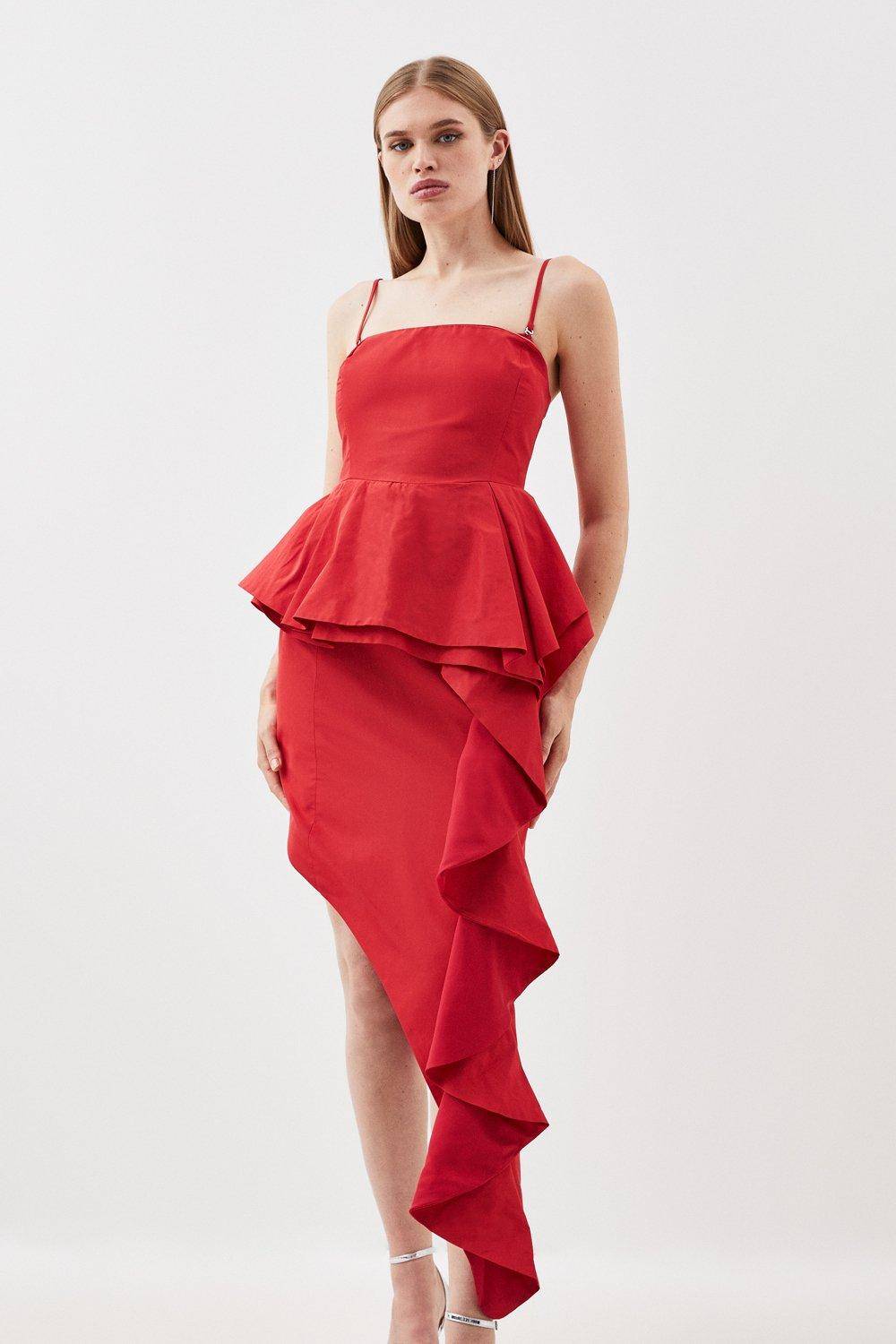 KarenMillen Robe midi ajustée en taffetas avec double détail de volant