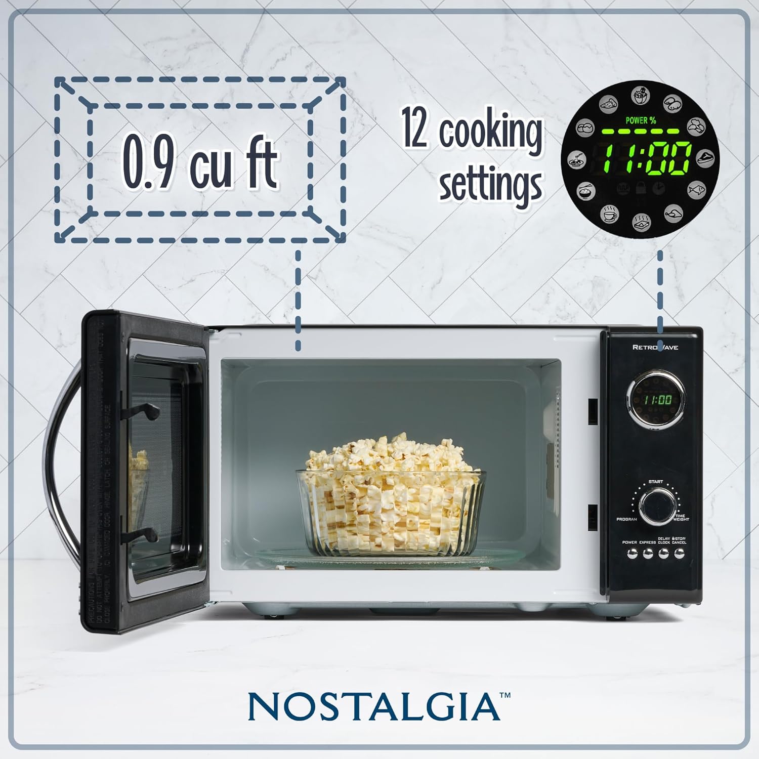 Nostalgia Four à Micro-Ondes de Comptoir Rétro - Grand 800 Watts - 25,4 L - 12 Réglages de Cuisson Préréglés - Horloge Numérique - Appareils de Cuisine - Rouge