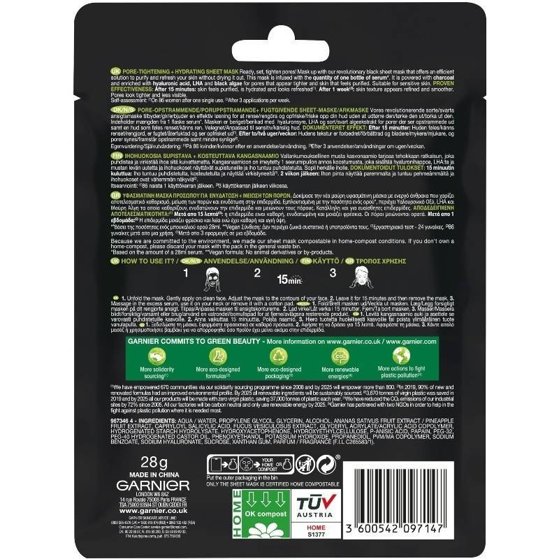 Garnier Skinactive Face Pure Charcoal Black Tissue Mask Black Algae 28 gr.