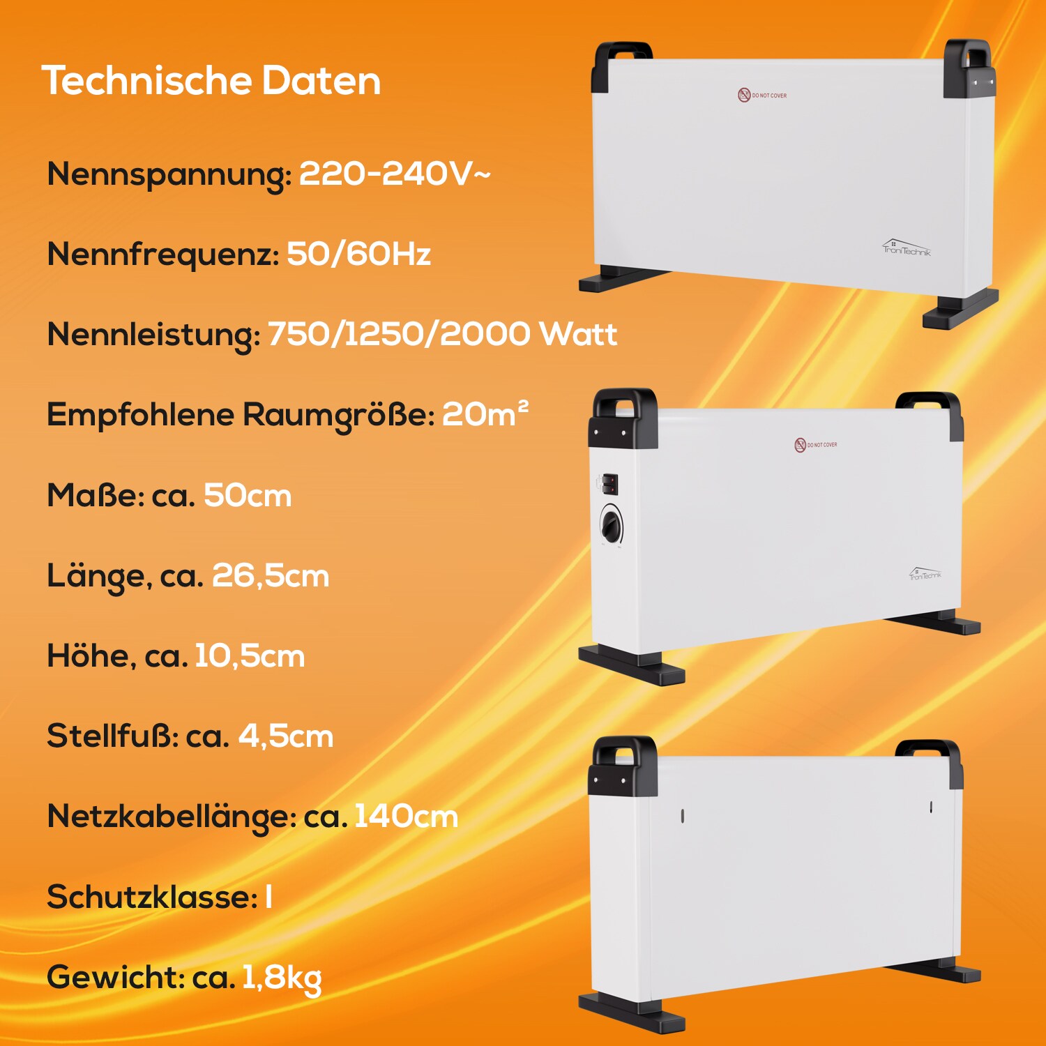 TroniTechnik® KH-101 Heizgerät Konvektor Radiator Heizung stufenlose Thermosteuerung (750W / 1.250W / 2.000W),Tragegriff