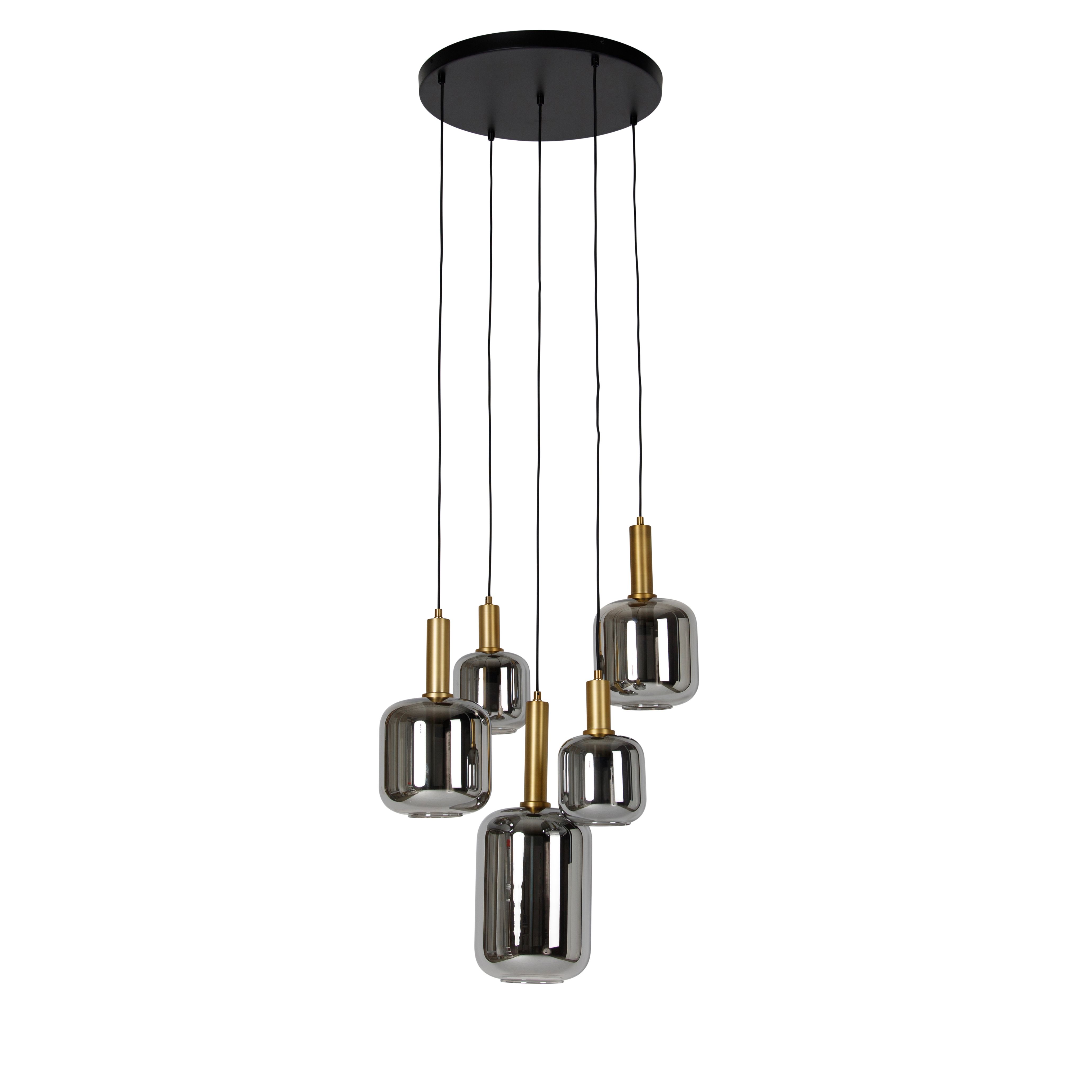 Hanglamp zwart met goud met smoke glas incl. 5 PUCC - Zuzanna