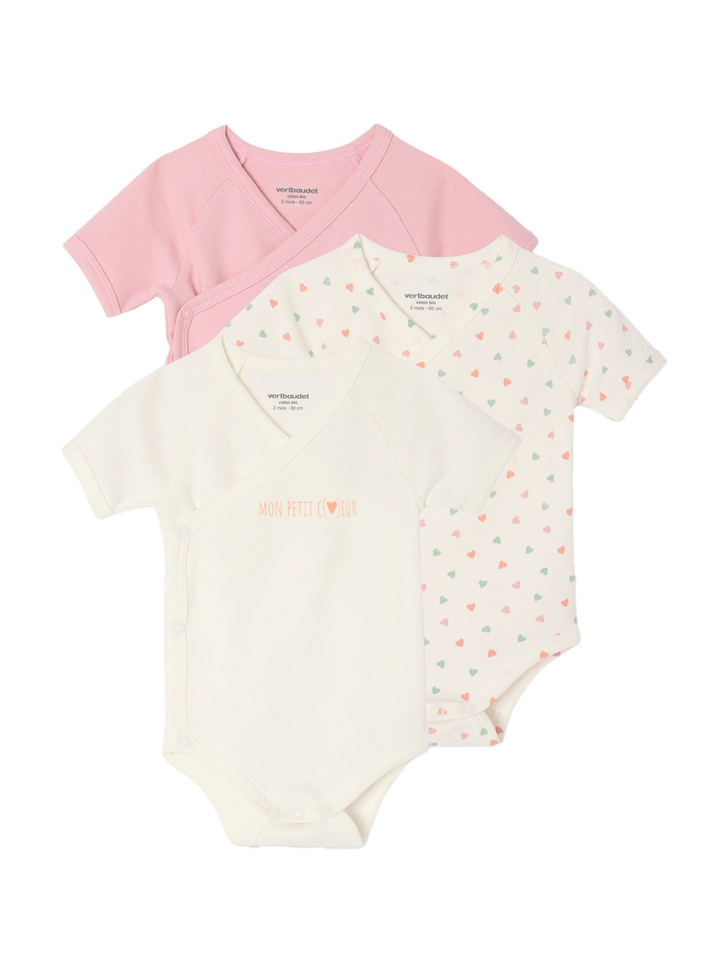 Vertbaudet Bio-Kollektion: 3er-Pack Baby Wickelbodys mit kurzen Ärmeln PETIT COEUR rosa