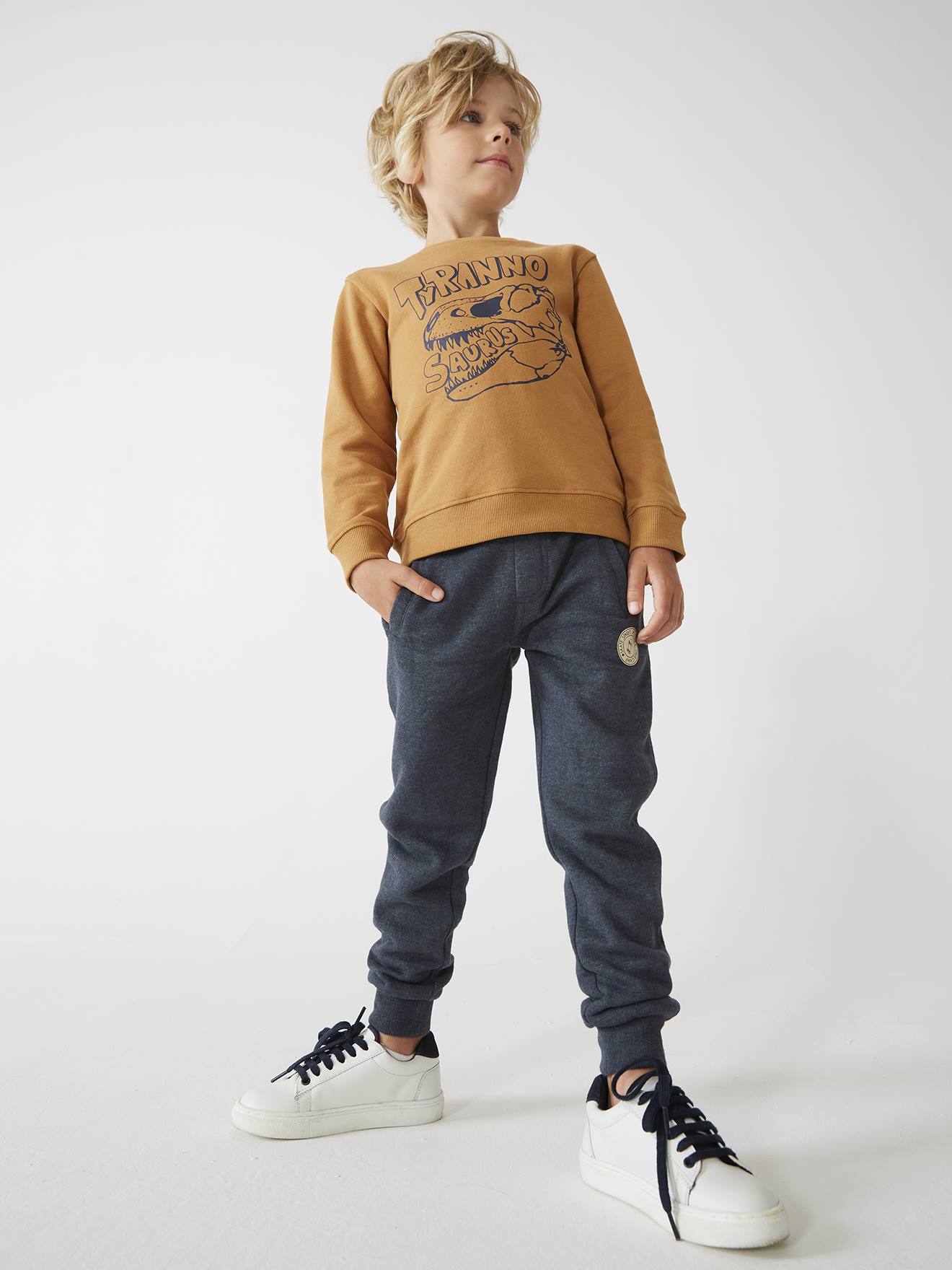 Calça de moletom estilo jogging, preta mesclada escura para menino