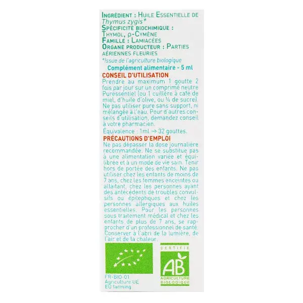 Óleo Essencial de Tomilho Orgânico Puressentiel com Timol 5ml