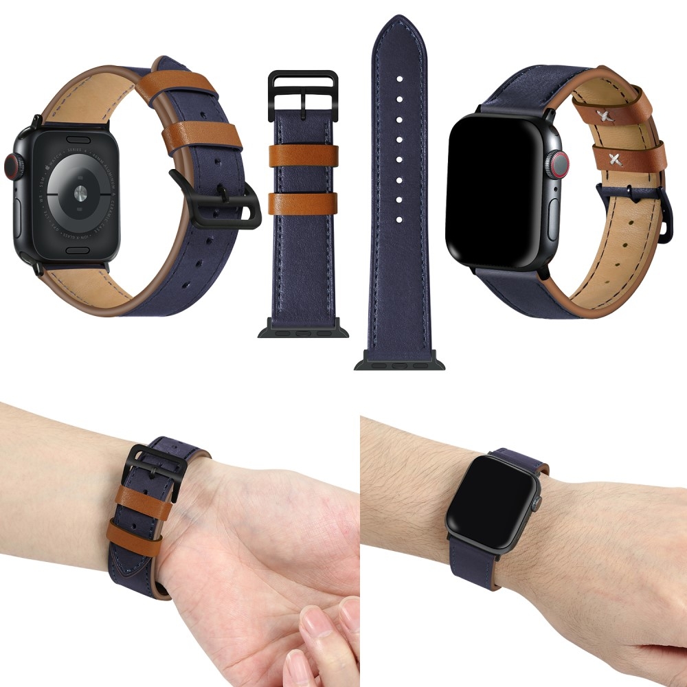 Apple Watch (49/46/45/44 mm) Echtleder Ersatz Armband mit Dornschliesse (Gelenkumfang 180-225 mm) - Dunkelblau