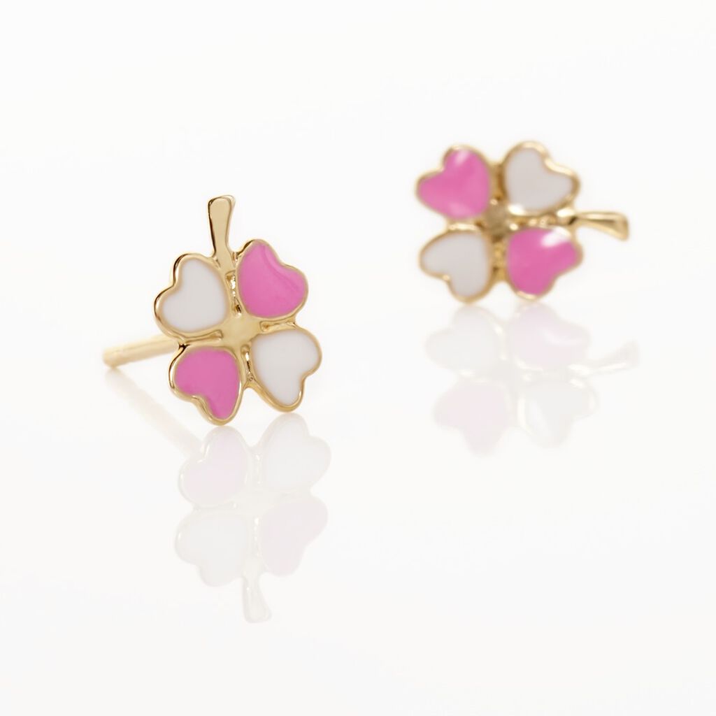 Boucles D'oreilles Puces Trefle Email Or Jaune