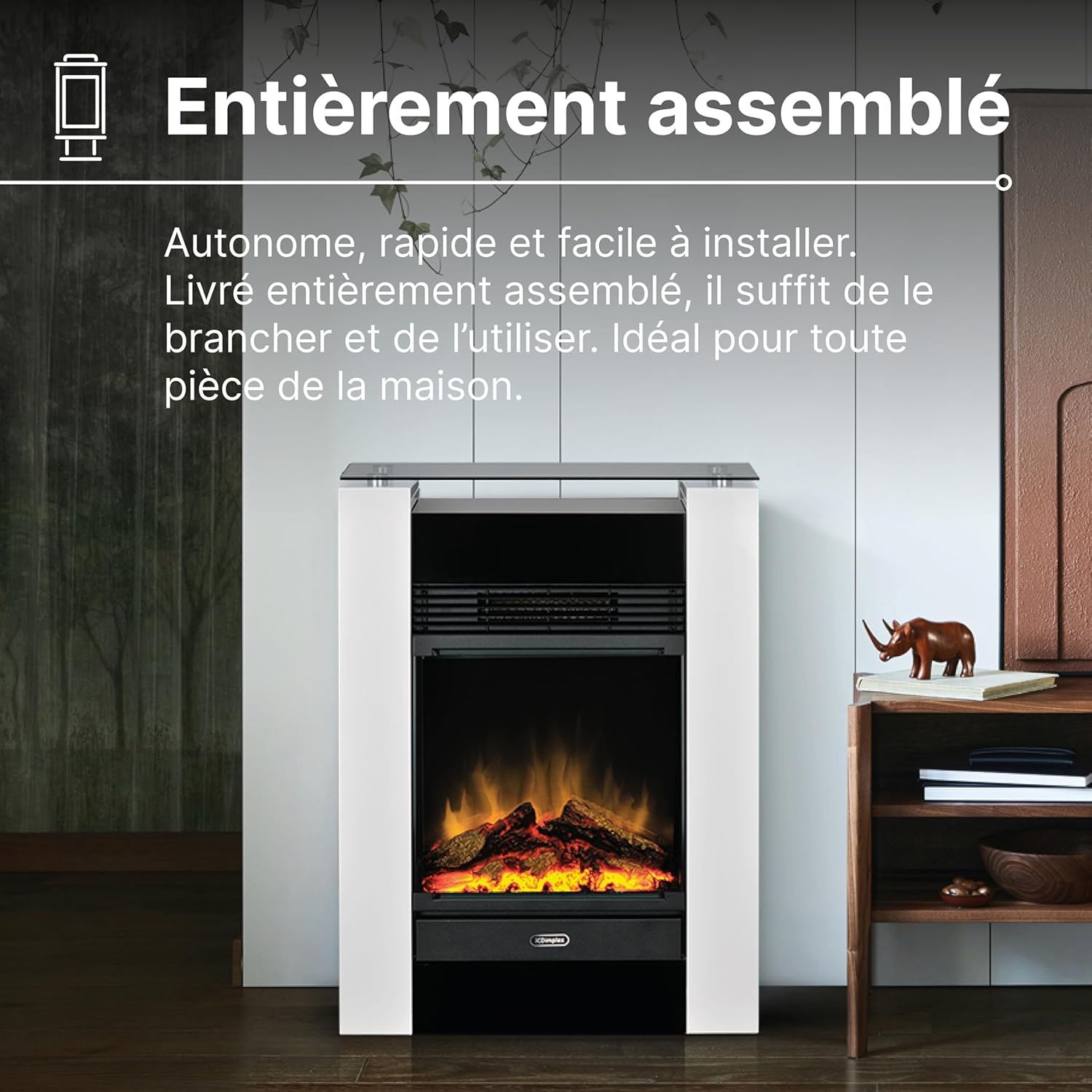 Dimplex Gisella Weiß, freistehender Elektrokamin mit Optiflame Effekt, Holzscheit-Glutbett, LED-Flammeneffekt, Einstellbarer Heizung, Thermostat und Fernbedienung. Glasablage