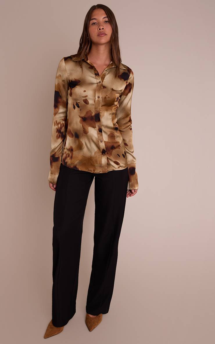 Marron Chemise Ajustée En Satin À Imprimé Floral Abstrait