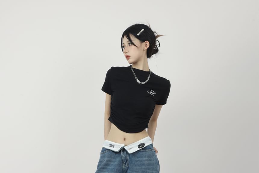 AXEN - Lage taille jeans met letters en wijde pijpen