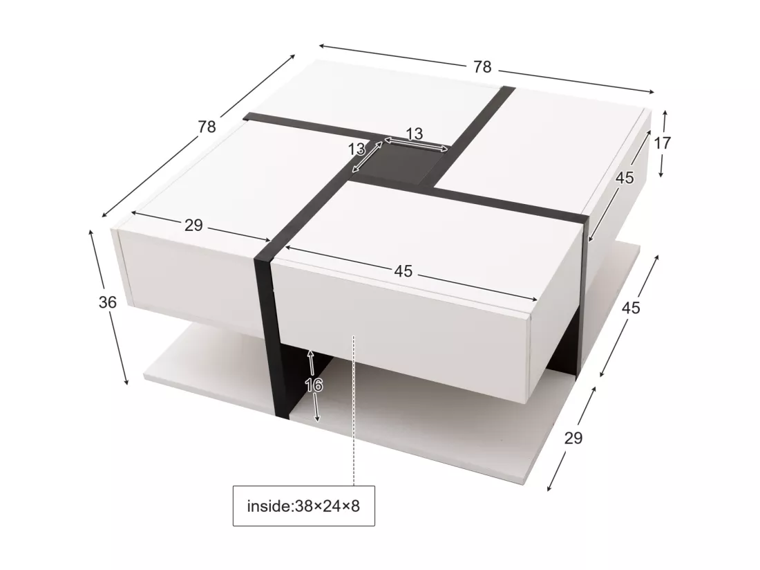 Table basse carrée haute brillance, avec 4 tiroirs, design uniques, espace de rangement en bas, 78x78x36cm blanc