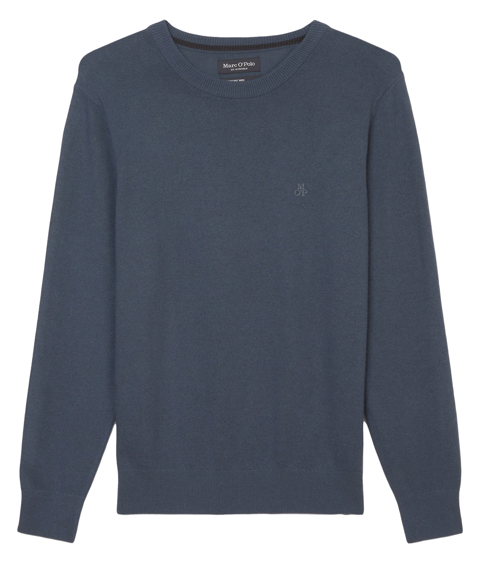 Pull col rond droit en coton bio et laine mélangé | Bleu