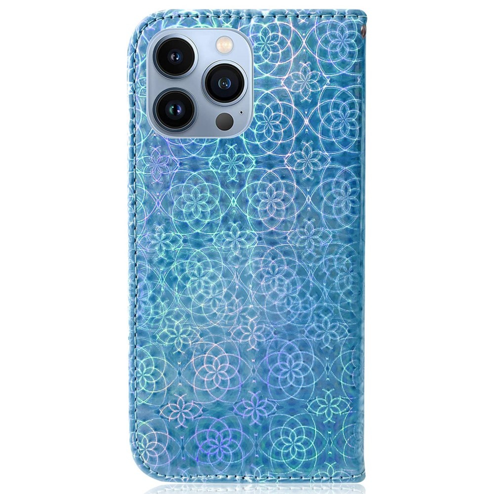 iPhone 14 Pro Leder Tasche Wallet mit Flower Laser Hologramm - Blau